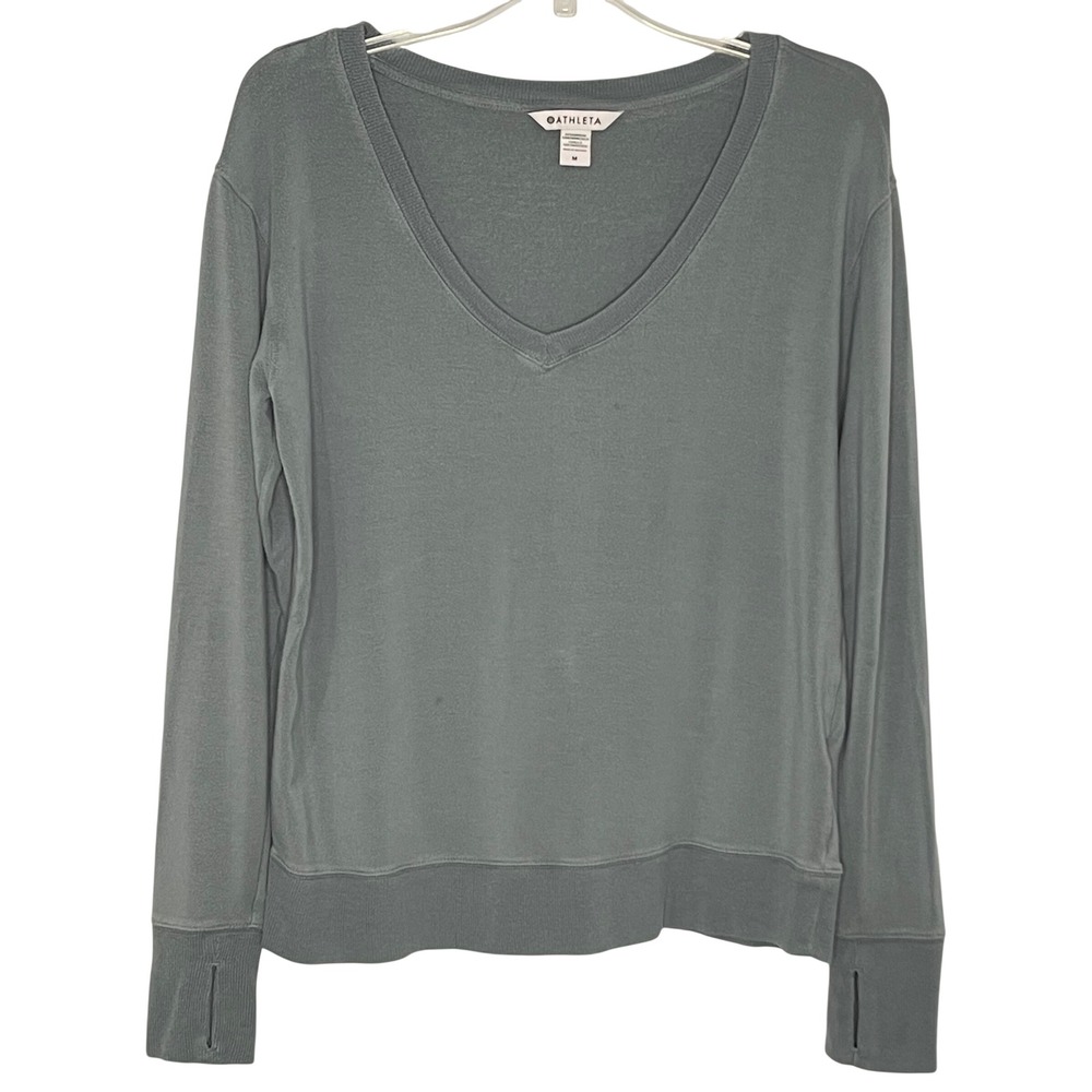 Athleta Sunrise V-Neck Sweatshirt Women's Medium Blue Gray Long Sleeve Thumbhole